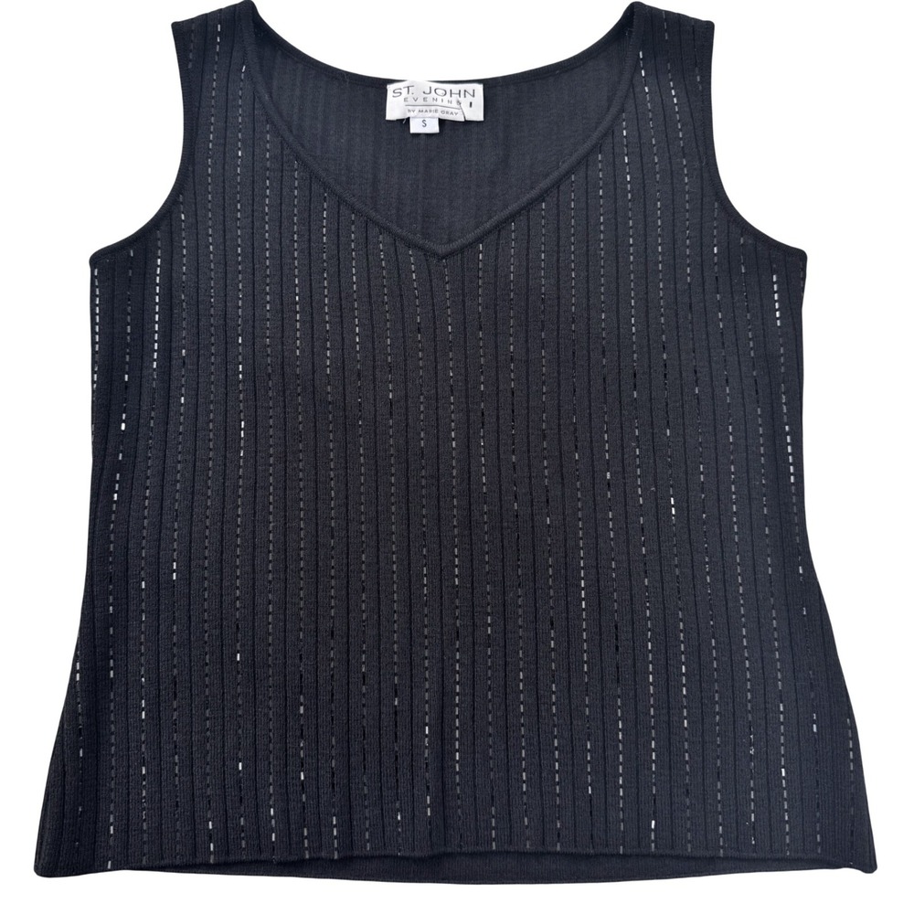 St John Evening Shell Top Women Small Black Vintage 90s Knit Sequin Tank Chic